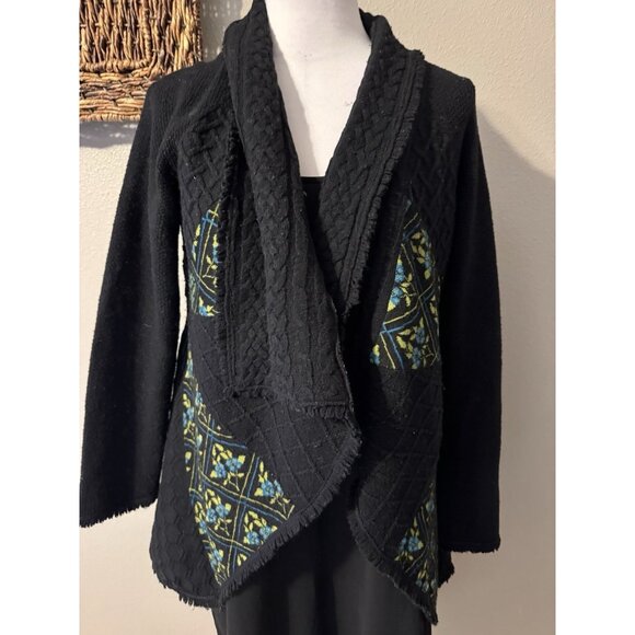 Anthropologie Sleeping on Snow Womens Cardigan Sweater L Large Black Green Patch - Picture 1 of 16